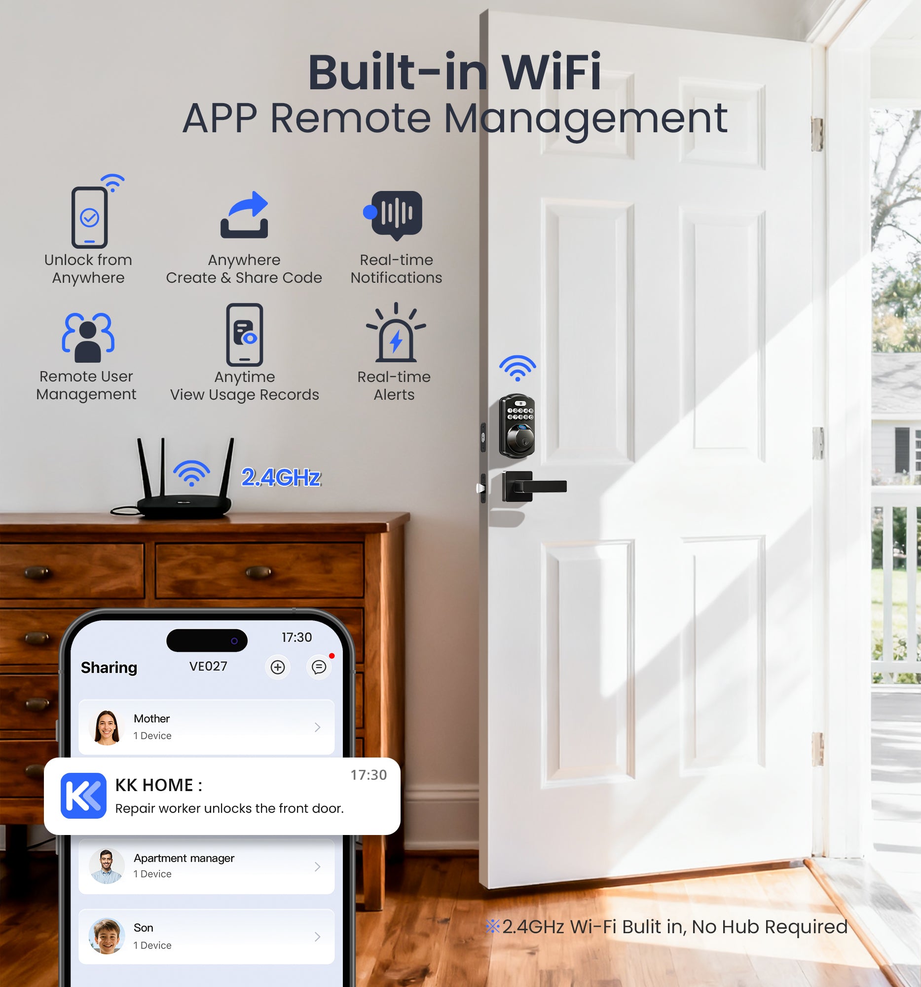 Veise VE012W-L Built-in WiFi Fingerprint Smart Lock with Level Handle Set, App Remote Control, Digital Backlit Keypad Deadbolt, Keyless Entry for Front Door, Voice Assistant, Auto Lock